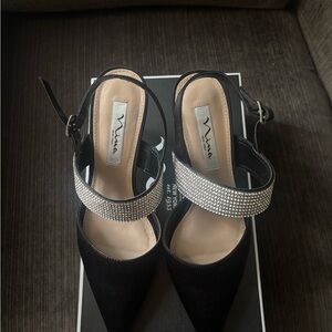 Nina Elegant Black Heels with Glittering Silver Straps